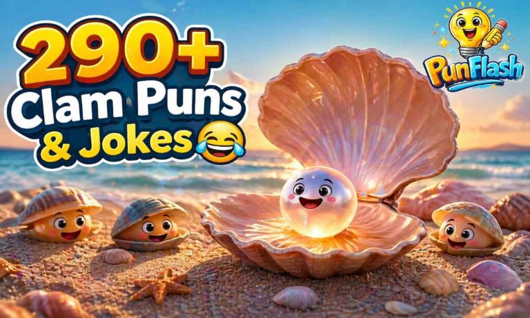 funny clam puns image with beach scene and ocean themed jokes illustration