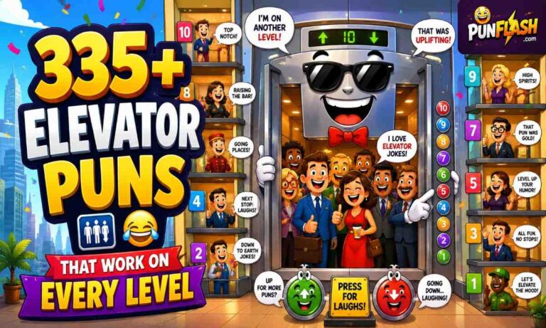 Funny cartoon elevator character surrounded by laughing passengers, buttons, floors, and hilarious elevator puns in a colorful city building scene.