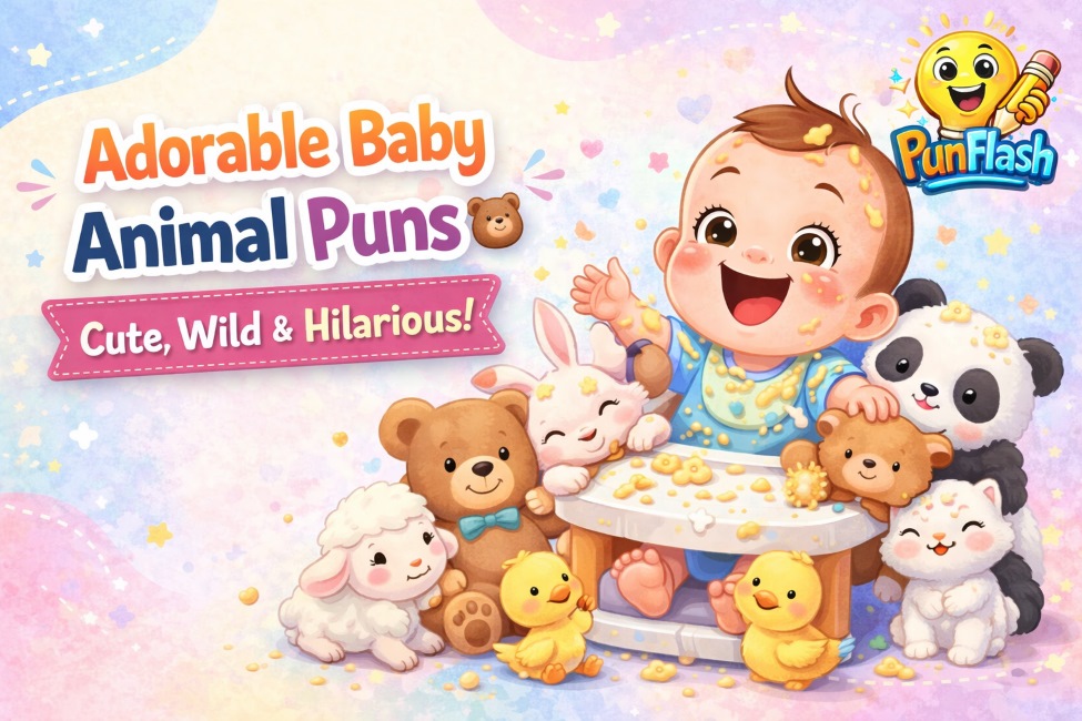 cute baby with animals illustration for adorable baby animal puns section