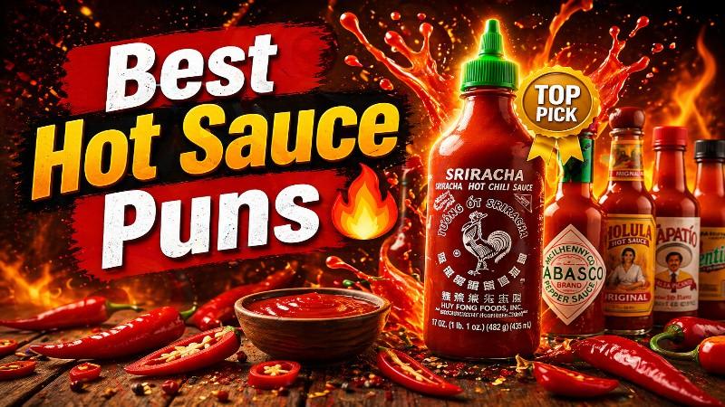 best hot sauce puns with spicy chili peppers and hot sauce bottles showing funny food humor and fiery theme