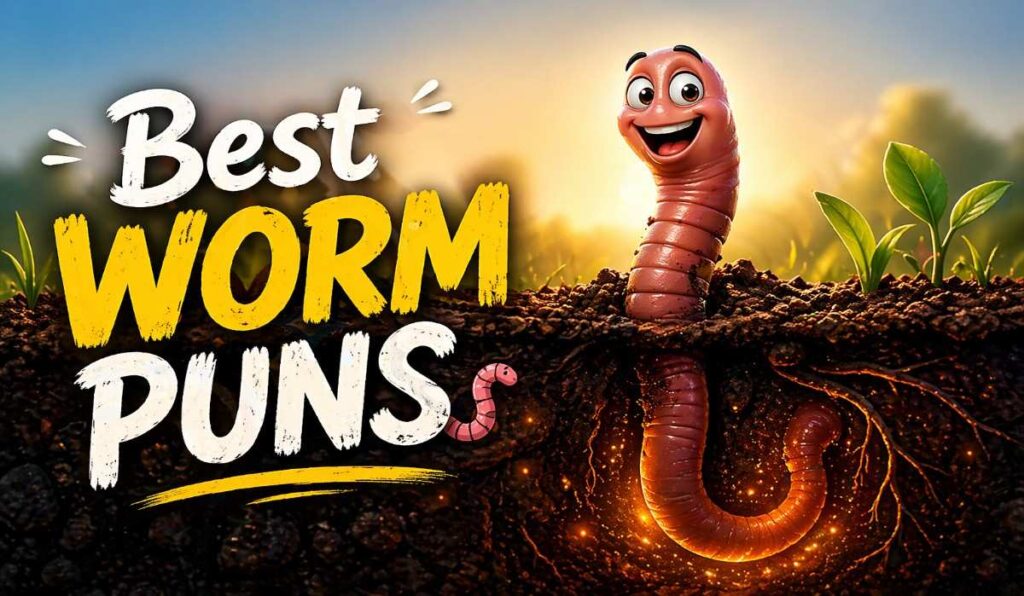 best worm puns illustration showing earthworm coming out of soil with funny and clever humor concept