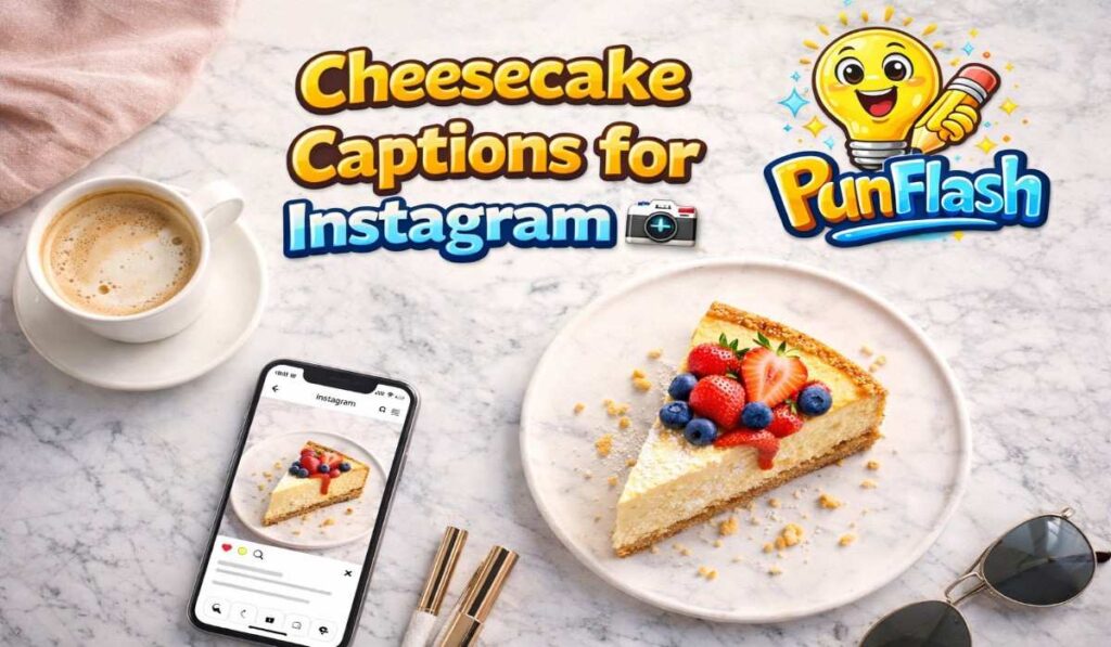 cheesecake captions for instagram with aesthetic dessert flat lay and social media style setup