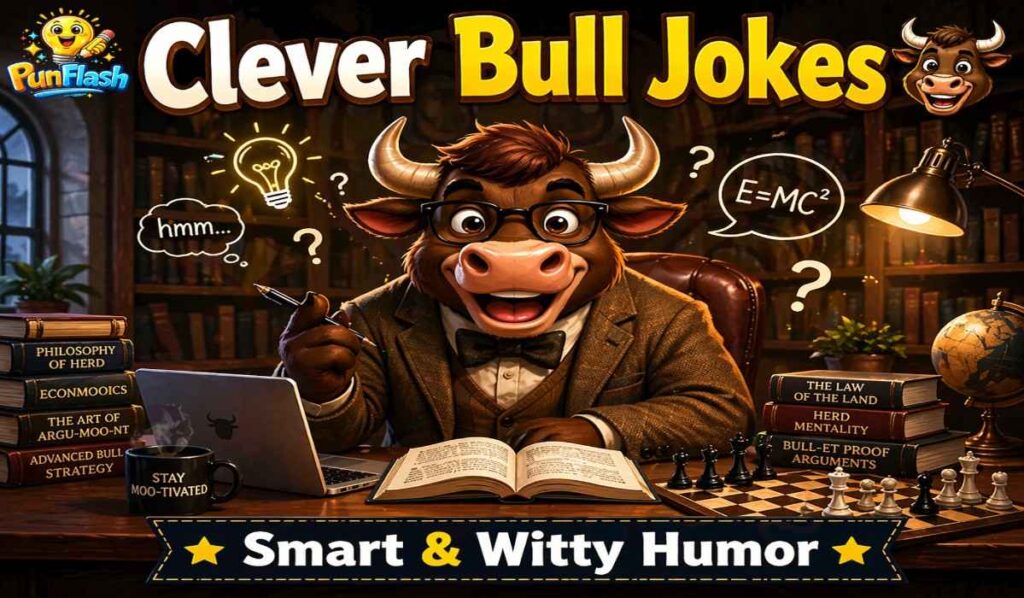 clever bull jokes smart cartoon bull in library with books and glasses