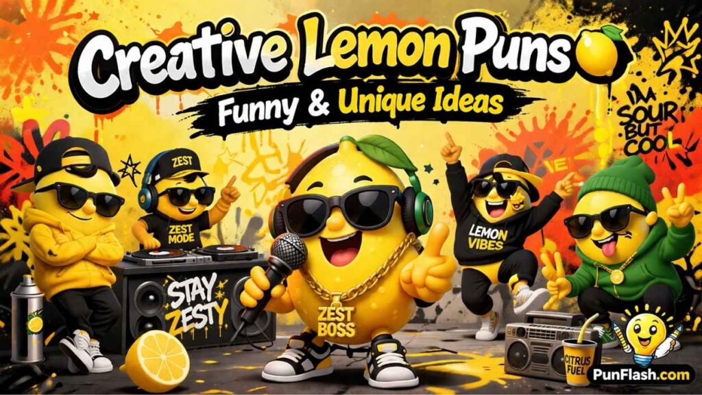 creative lemon puns with funny cartoon lemons in meme style wearing sunglasses and dancing