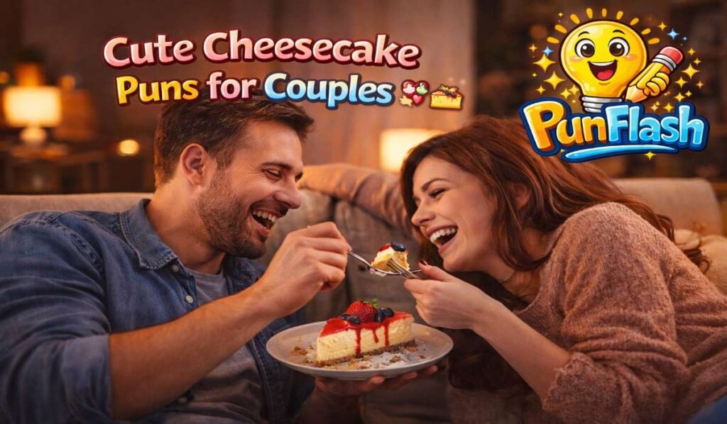 cute couple sharing cheesecake dessert at home with romantic and funny cheesecake puns