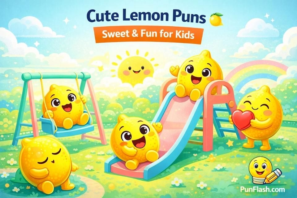 cute lemon puns for kids with cartoon baby lemons playing in a colorful playground scene