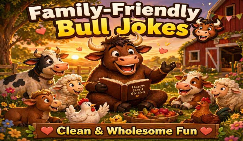family friendly bull jokes cartoon bull with animals warm happy farm scene