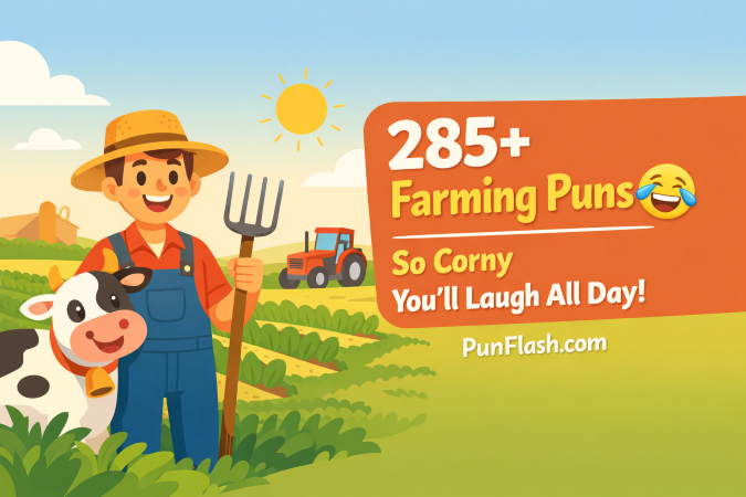 funny farming puns illustration with farmer cow and tractor