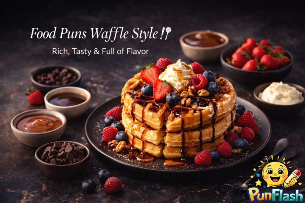 gourmet waffle food puns premium belgian waffle with toppings chocolate berries syrup luxury style
