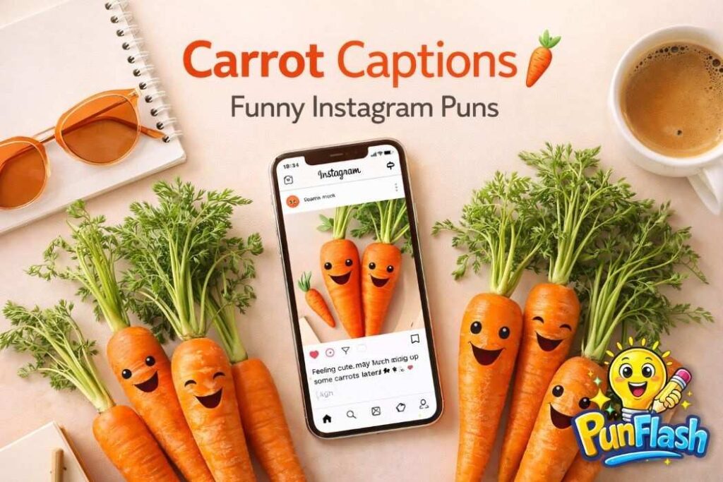 funny carrot captions for instagram with aesthetic carrot flat lay and social media theme