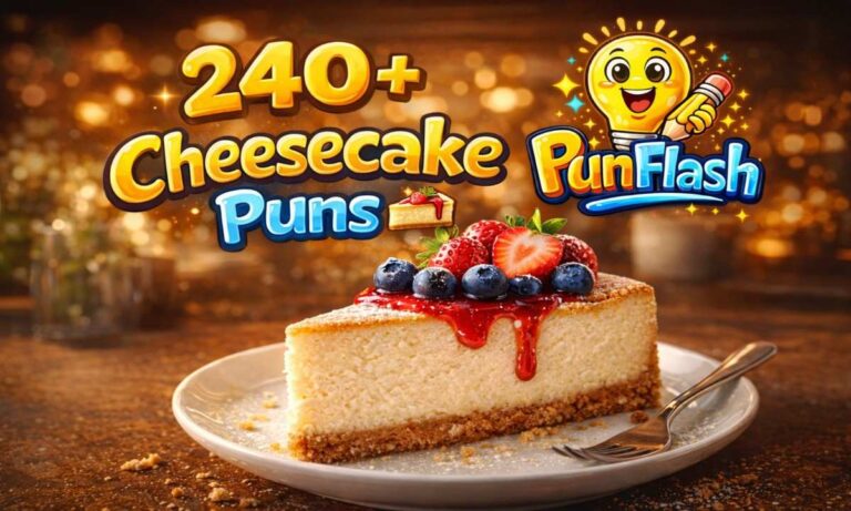 240+ cheesecake puns funny captions and dessert jokes with strawberry cheesecake image
