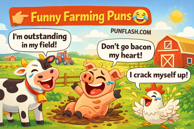 animal farming puns cartoon with laughing farm animals