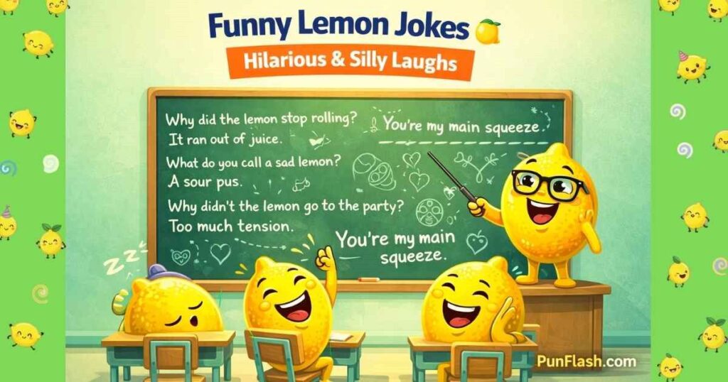 funny lemon jokes with cartoon lemons in a classroom scene laughing and telling citrus jokes