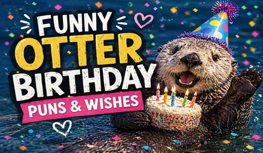 funny otter wearing birthday hat holding cake with candles for otter birthday puns and wishes