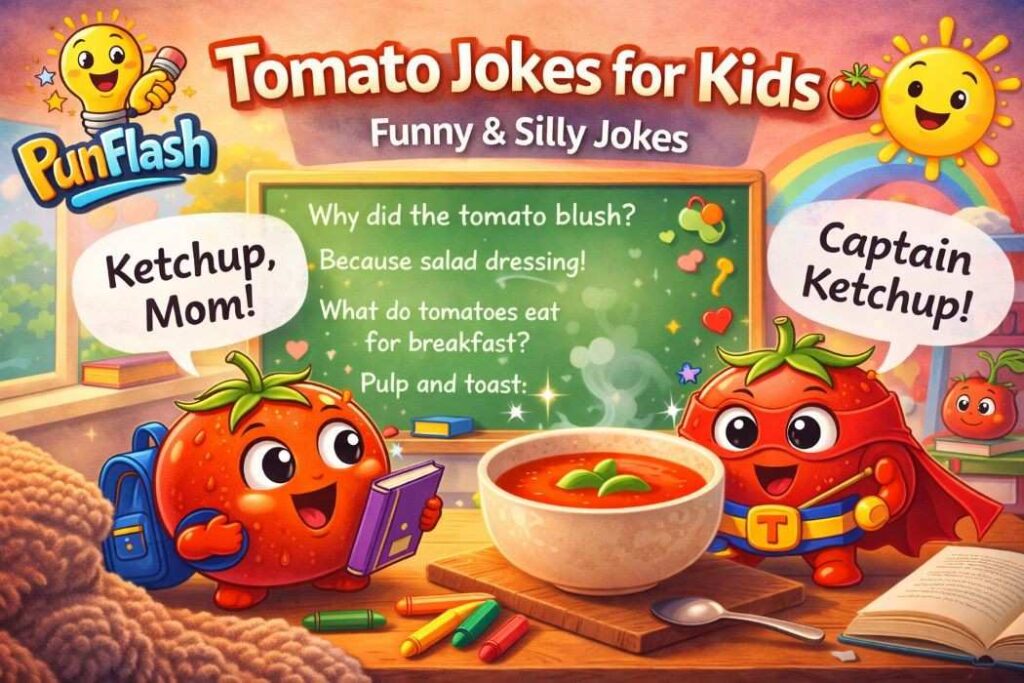 tomato jokes for kids cartoon image with cute baby tomatoes in classroom fun style