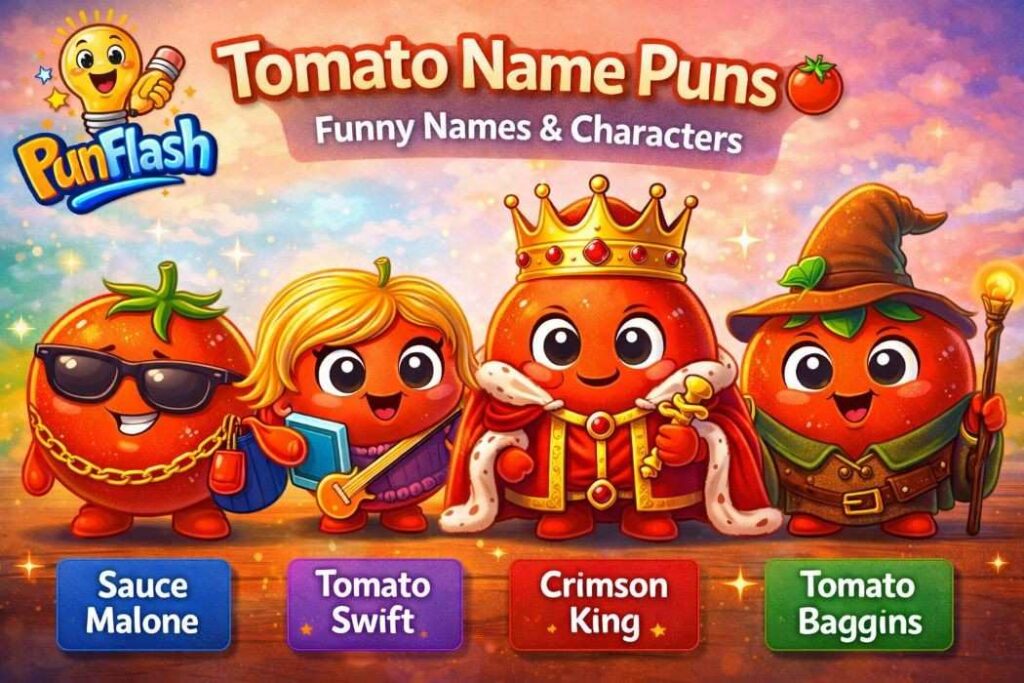 tomato name puns cartoon characters with funny names like sauce malone and tomato swift