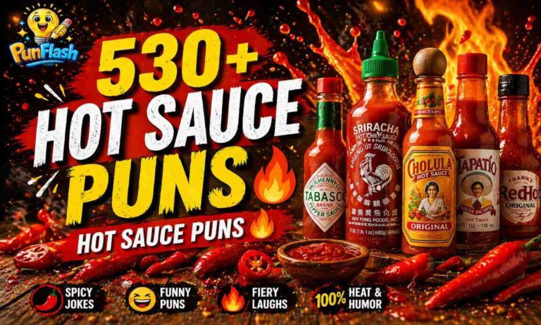 hot sauce puns with spicy chili peppers and funny food humor concept featuring hot sauce bottles and fiery theme