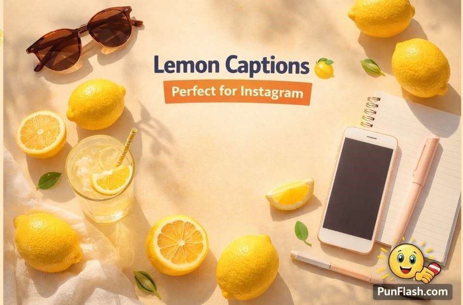 lemon captions for instagram with aesthetic lemon flat lay and citrus themed lifestyle scene