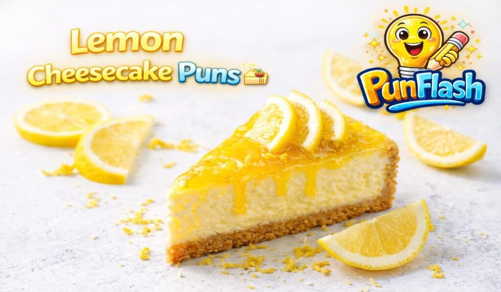 lemon cheesecake puns with fresh lemon slices and bright citrus dessert photography