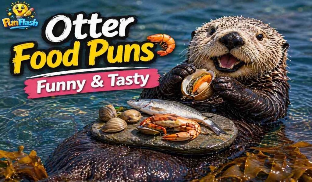 cute otter eating seafood on its chest representing funny otter food puns and eating jokes