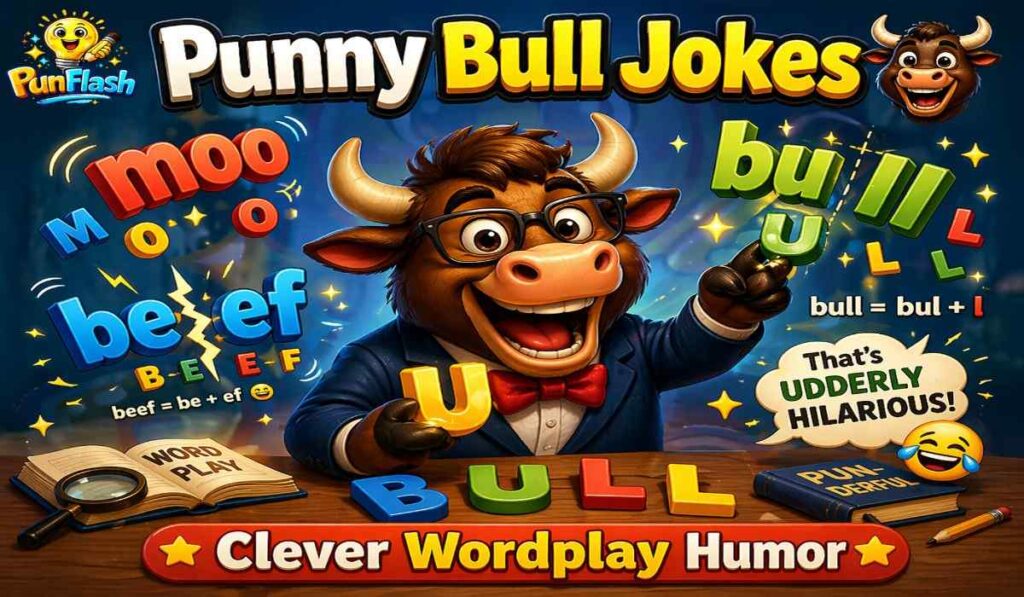 Punny Bull Jokes Creative Wordplay Bull Typography Illustration