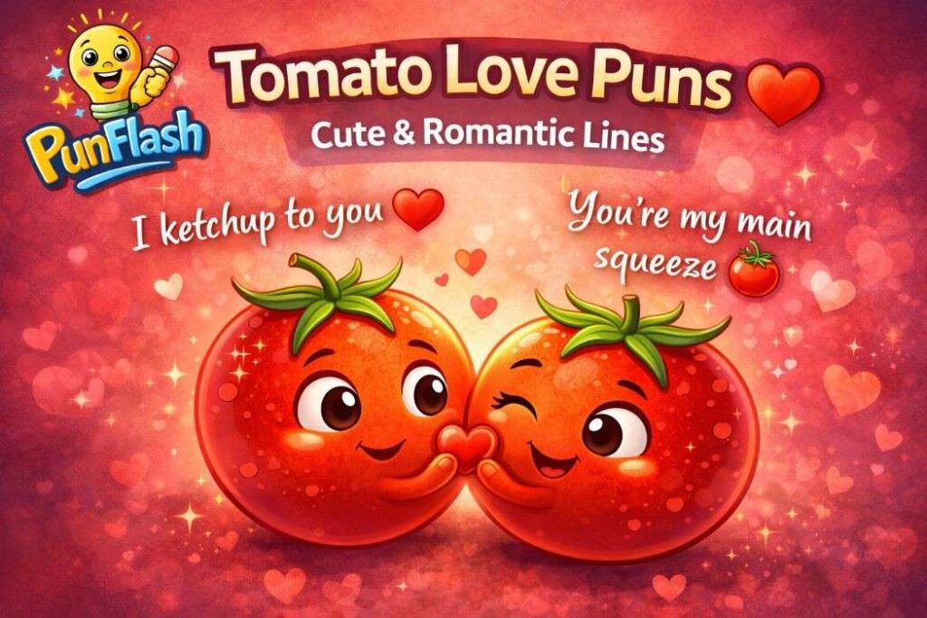 romantic tomato love puns cartoon image with cute couple tomatoes and hearts