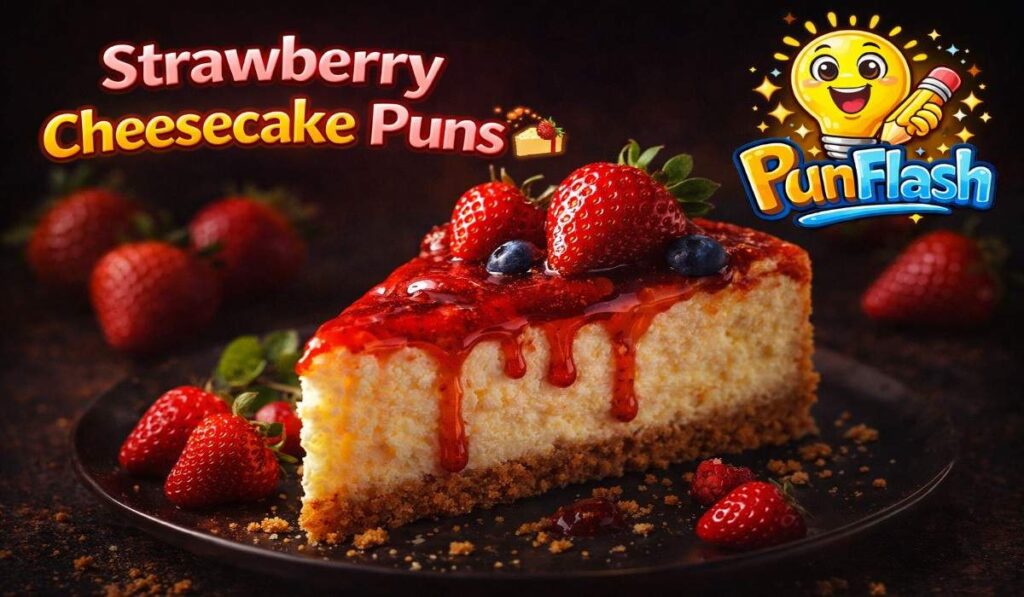 strawberry cheesecake puns with fresh strawberries and creamy dessert close up food photography