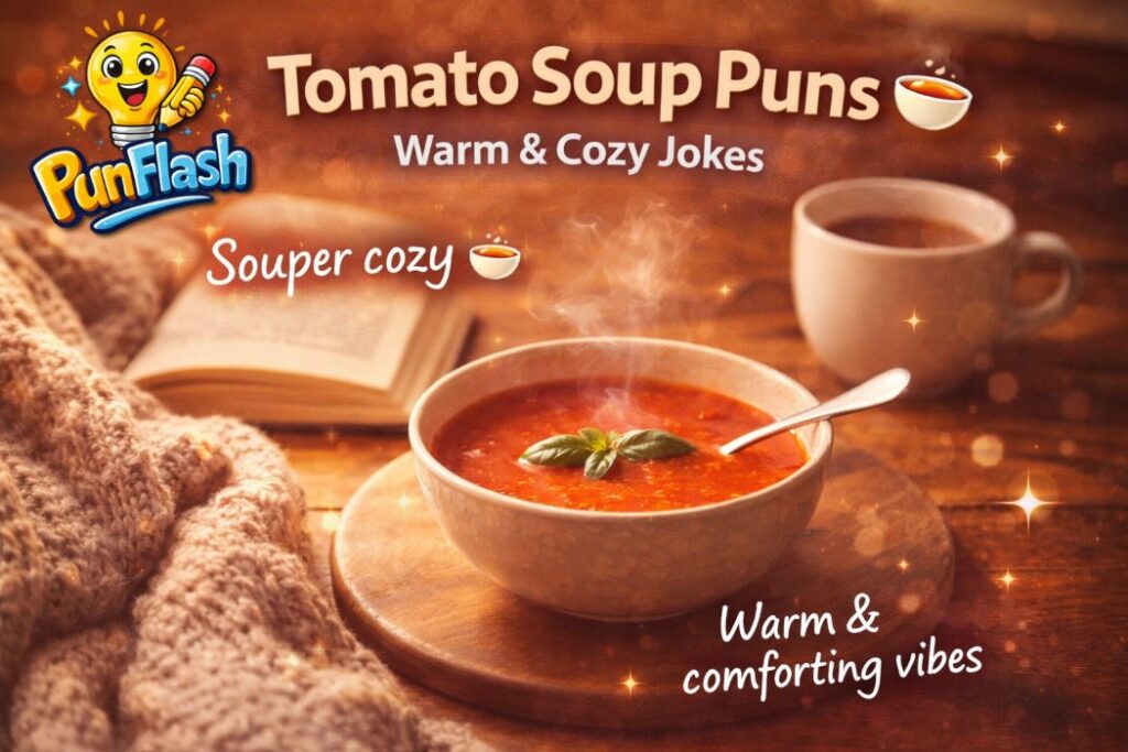 tomato soup puns cozy warm bowl image with steam and comfort food theme