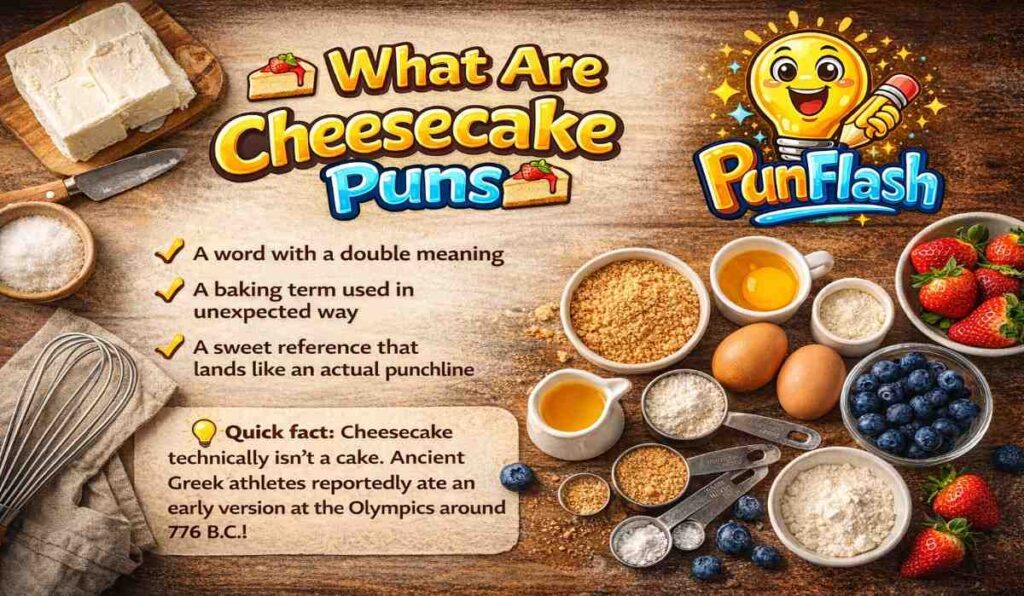 cheesecake ingredients flat lay showing cream cheese crust and baking items explaining cheesecake puns concept