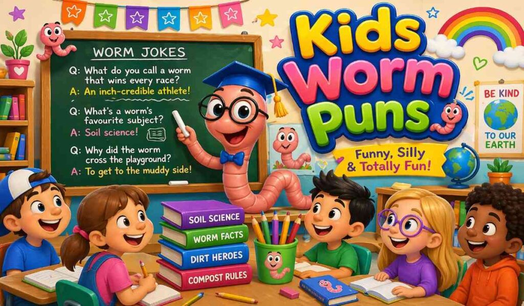 worm puns for kids illustration with cute cartoon earthworm in classroom telling funny jokes