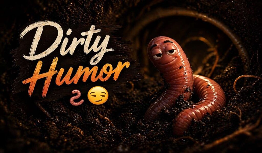 adult worm puns illustration with earthworm in dark soil subtle humor and underground concept
