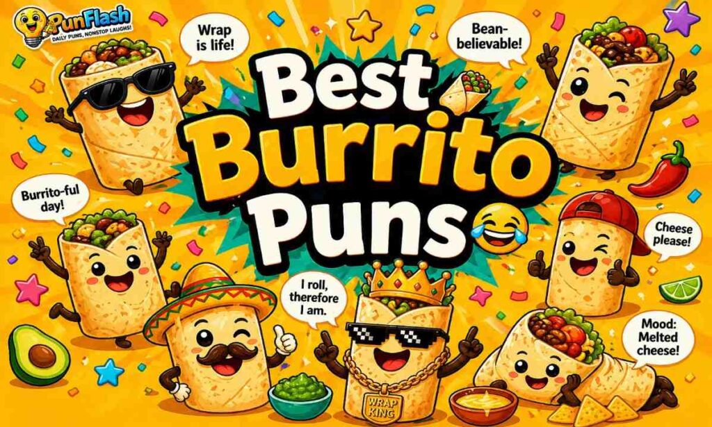 best burrito puns collection with multiple burrito illustrations and colorful design
