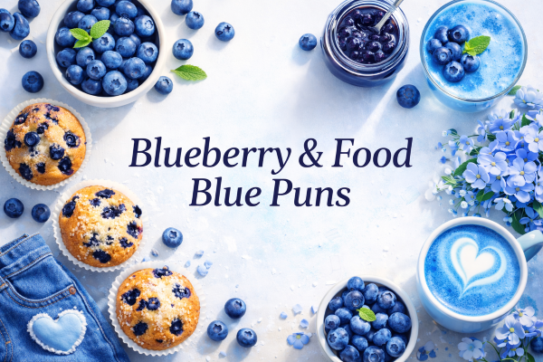 Fresh blueberries, muffins, jam, and blue drinks for blueberry and food blue puns