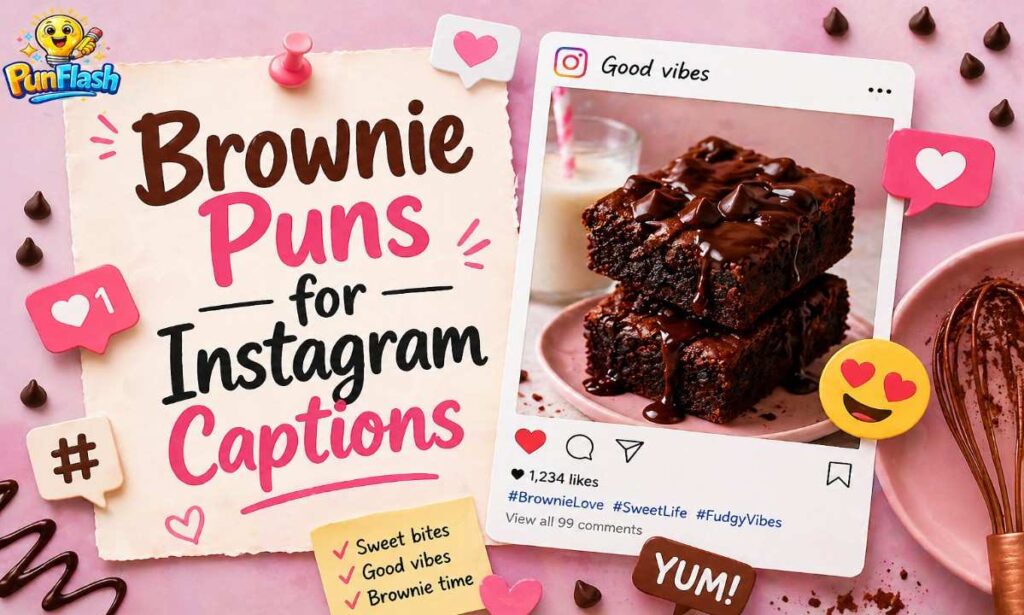 “brownie puns for instagram captions with chocolate brownies and social media style design”