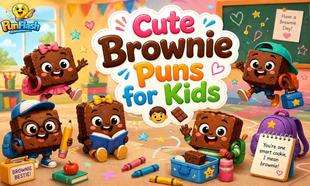 cute brownie puns for kids with cartoon brownie characters and playful school theme illustration”