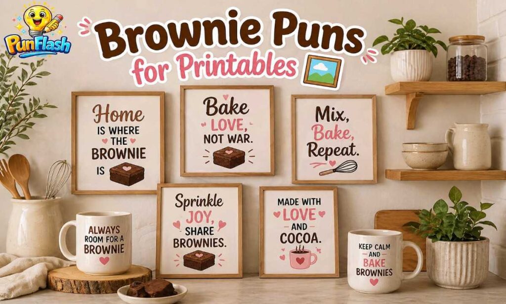 brownie puns for printables wall art mockup with framed quotes and cozy kitchen decor style