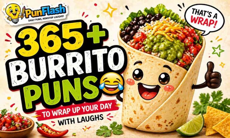 365+ funny burrito puns, jokes and Instagram captions with cute burrito illustration