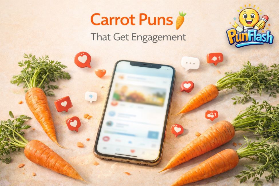 carrot puns for social media engagement with smartphone and carrots and punflash logo