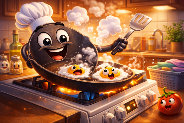 cast iron puns cartoon skillet cooking food with steam