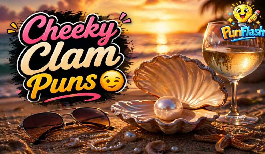 cheeky clam puns image with beach sunset and playful ocean humor concept