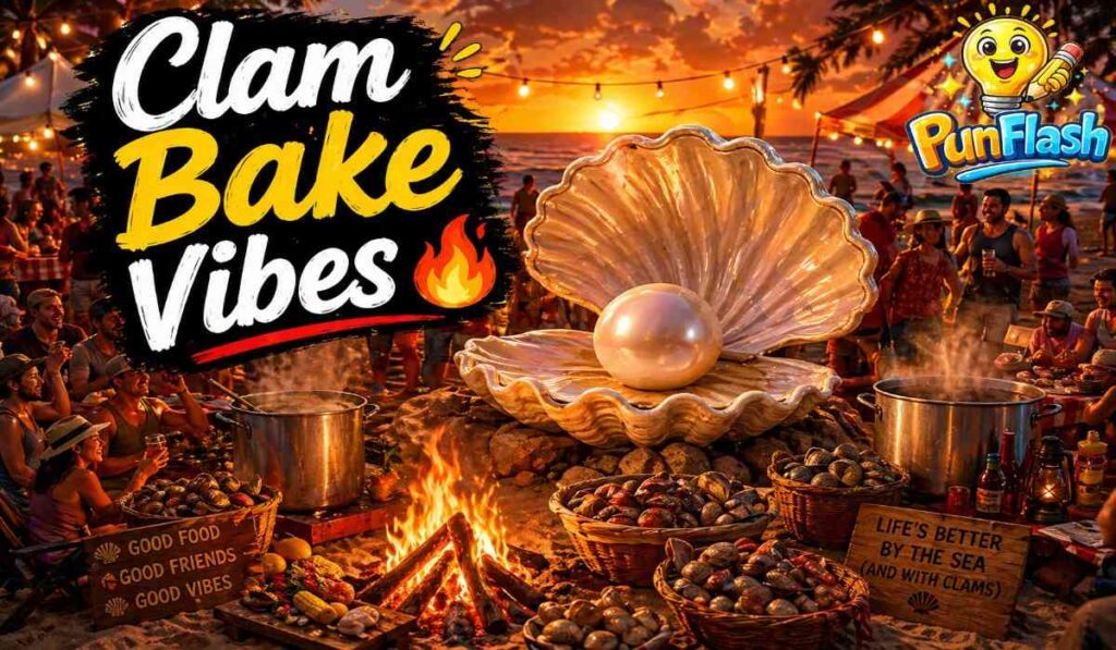 clam bake puns image with beach bonfire party and giant clam ocean humor scene