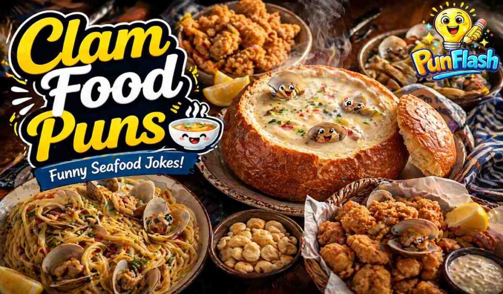 clam food puns image with clam chowder seafood dishes and funny ocean food jokes