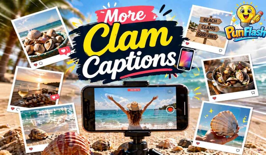 clam puns captions image with beach camera roll style and social media content vibe