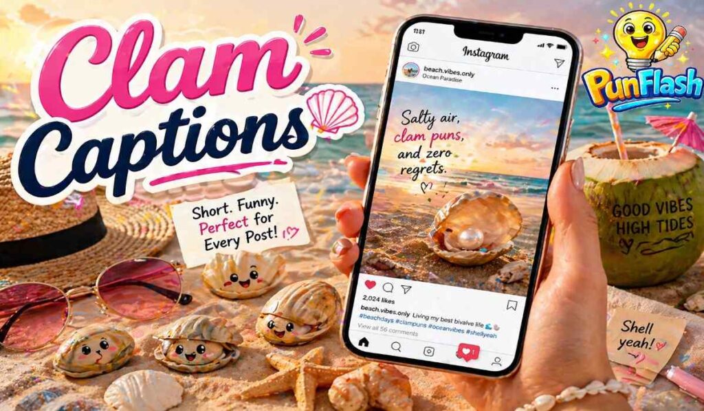 clam puns for Instagram captions with beach aesthetic scene and ocean lifestyle vibe