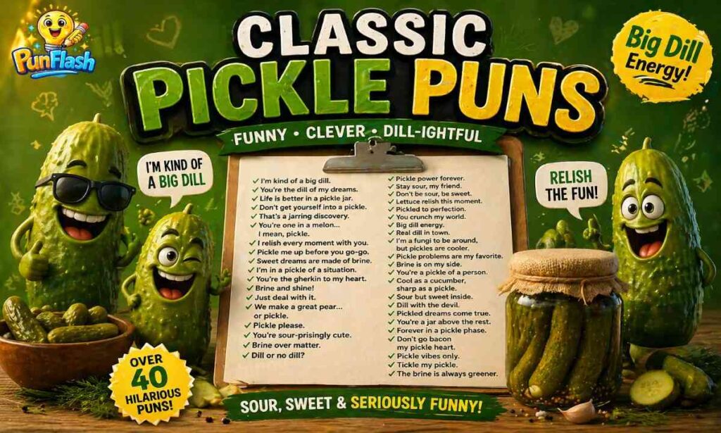 Classic pickle puns list with funny and clever jokes for Instagram captions and daily humor
