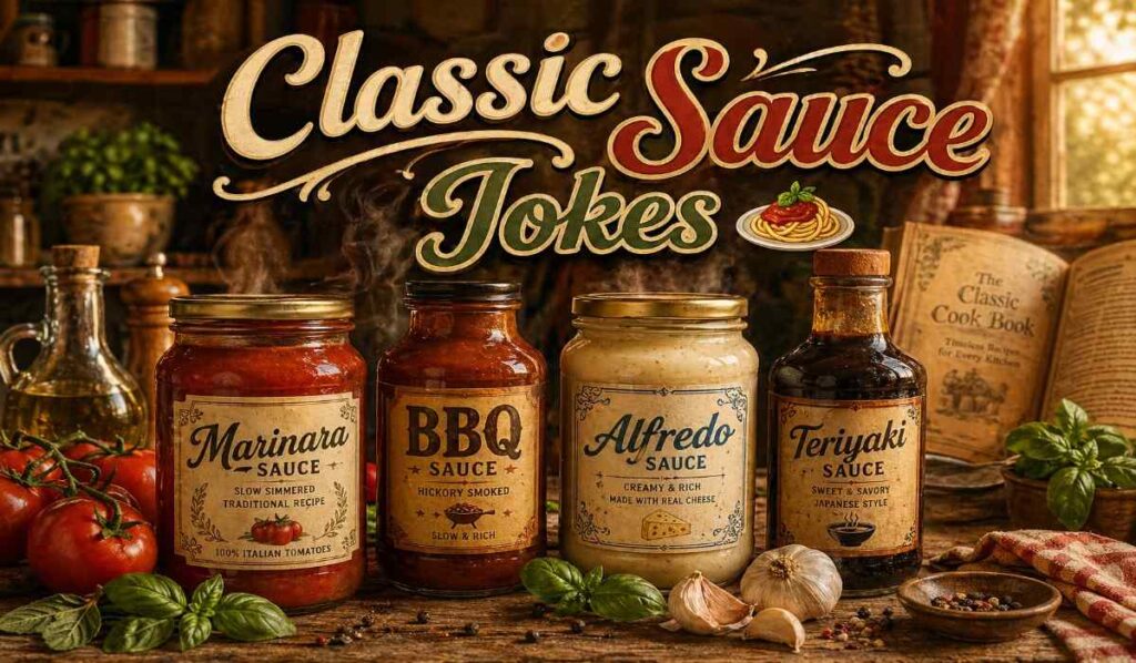 classic sauce jokes with marinara bbq alfredo and teriyaki sauces in a warm vintage kitchen scene showing timeless food humor