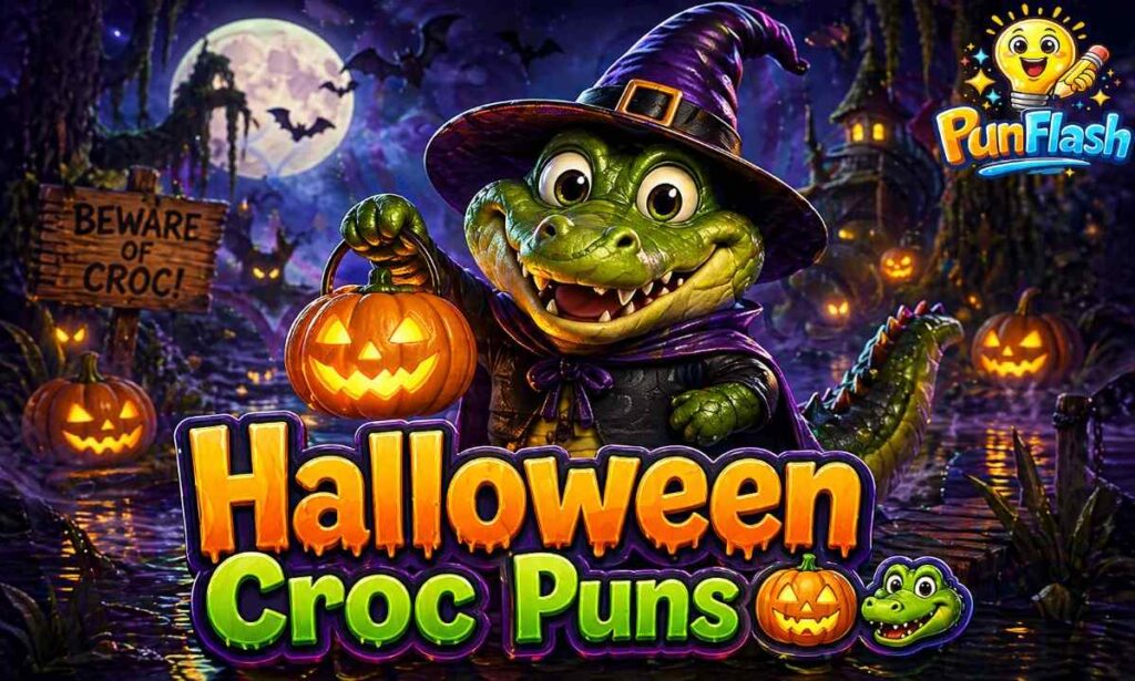 crocodile halloween puns spooky croc jokes with pumpkin and halloween cartoon crocodile image