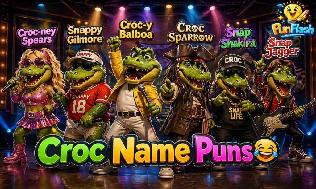 crocodile name puns funny croc celebrity names with multiple cartoon crocodiles parody image
