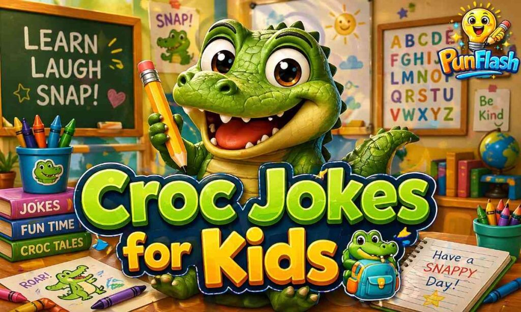 crocodile puns for kids funny clean crocodile jokes with cute cartoon classroom image