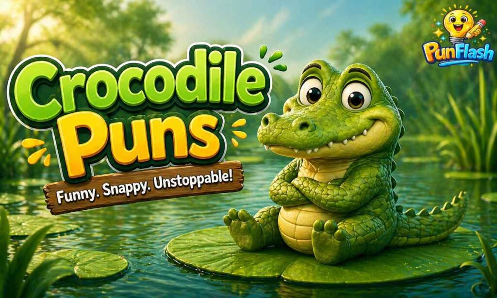 crocodile puns funny croc jokes and captions with cartoon crocodile in swamp
